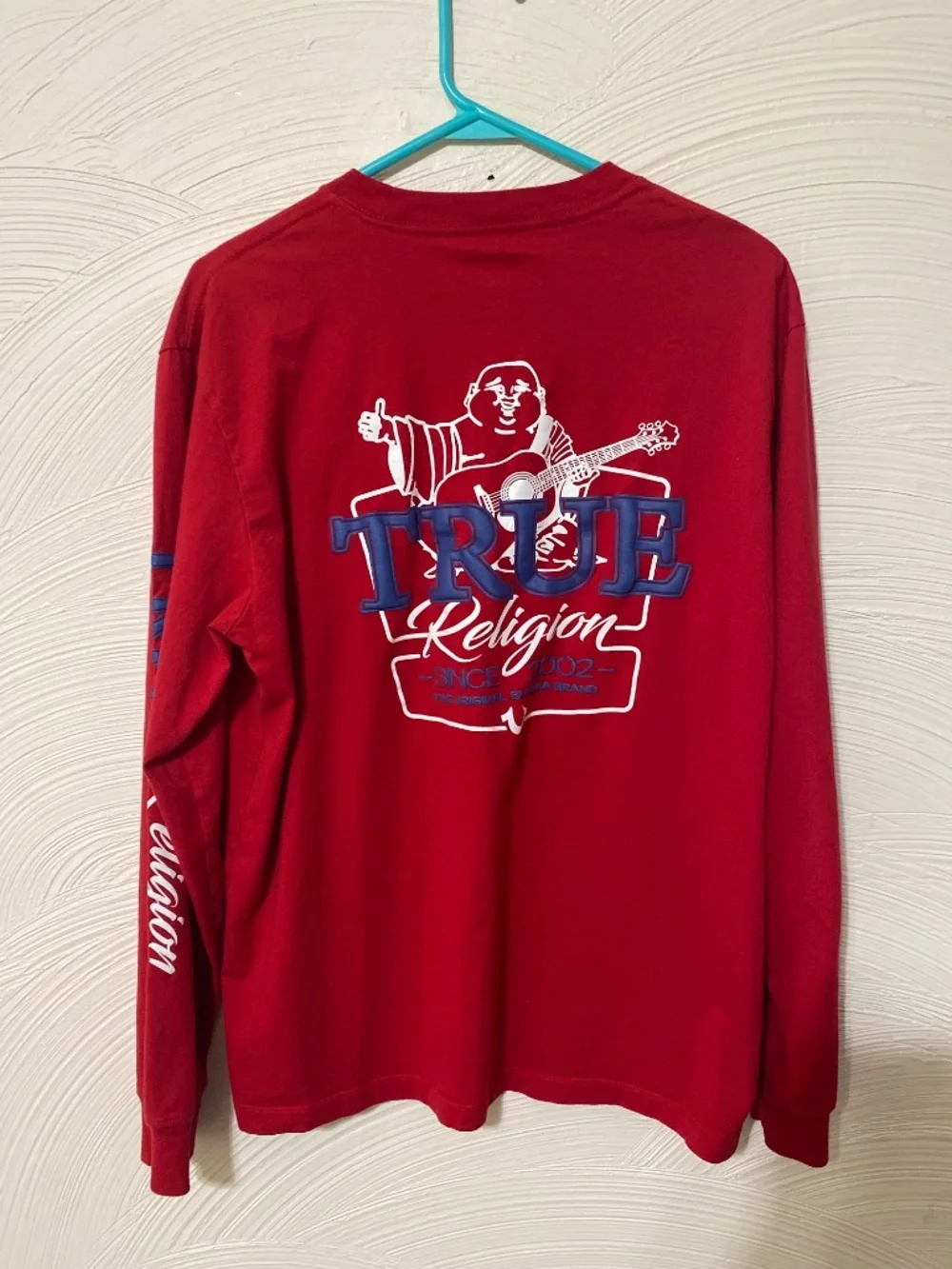 True religion Mens large Cotton long sleeve tee shirt red blue & white